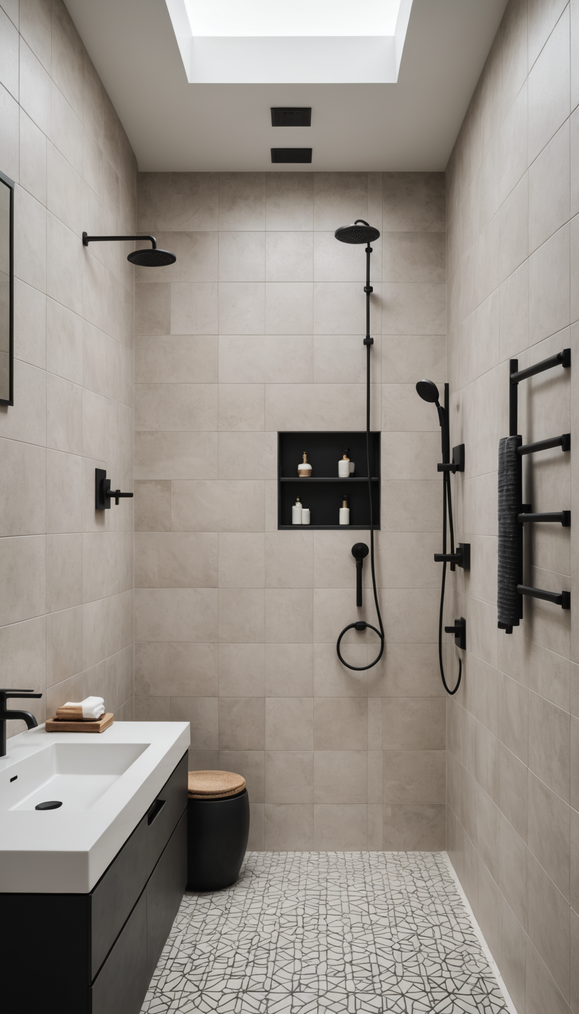 Patterned tile shower with a matte black fixture