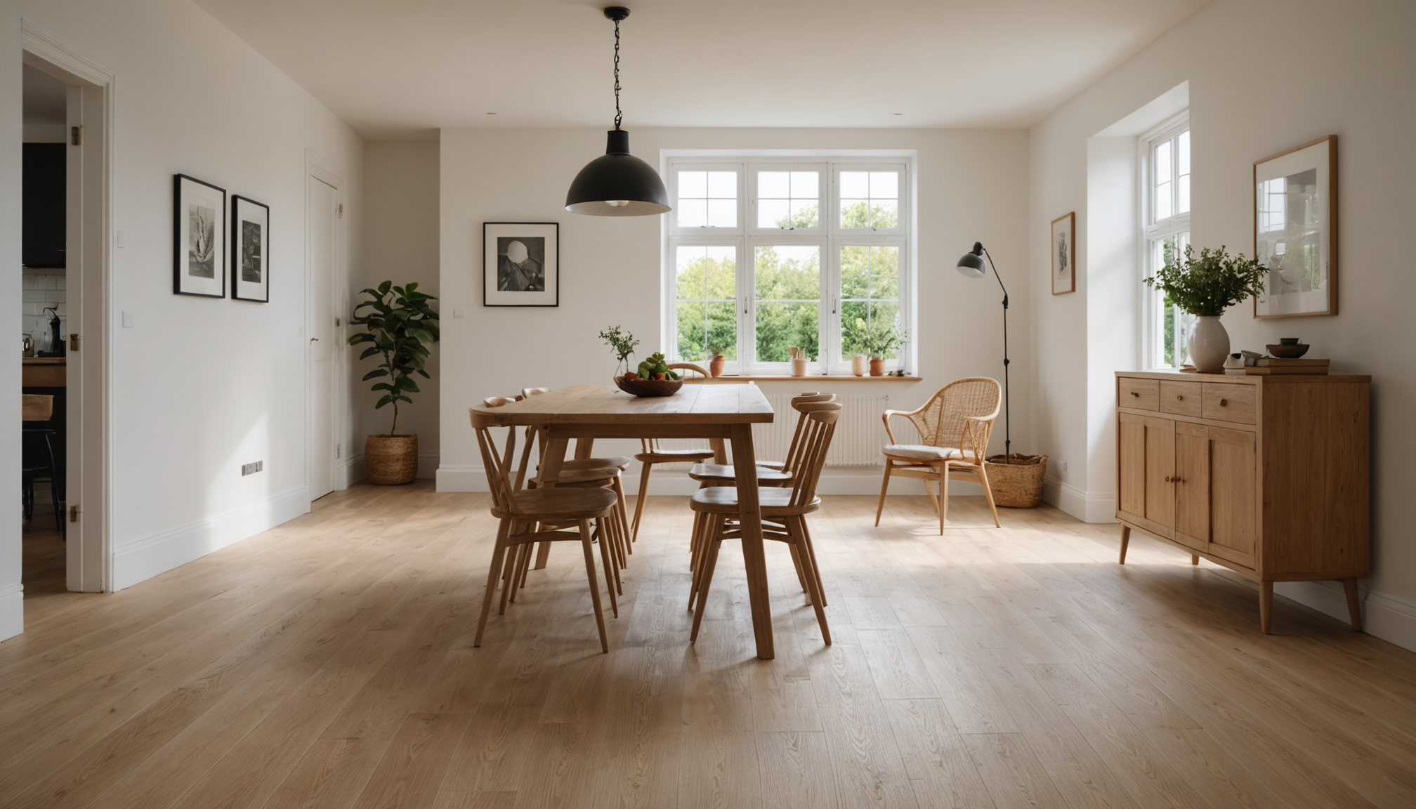 Wide pale oak plank flooring in a sunlit dining area