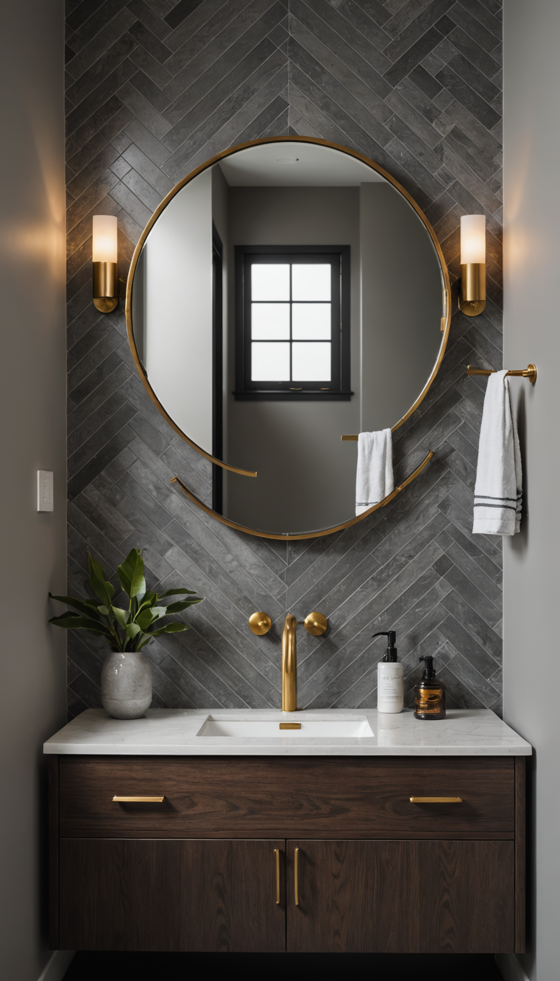 Herringbone tile bathroom wall with a round mirror and stone vanity