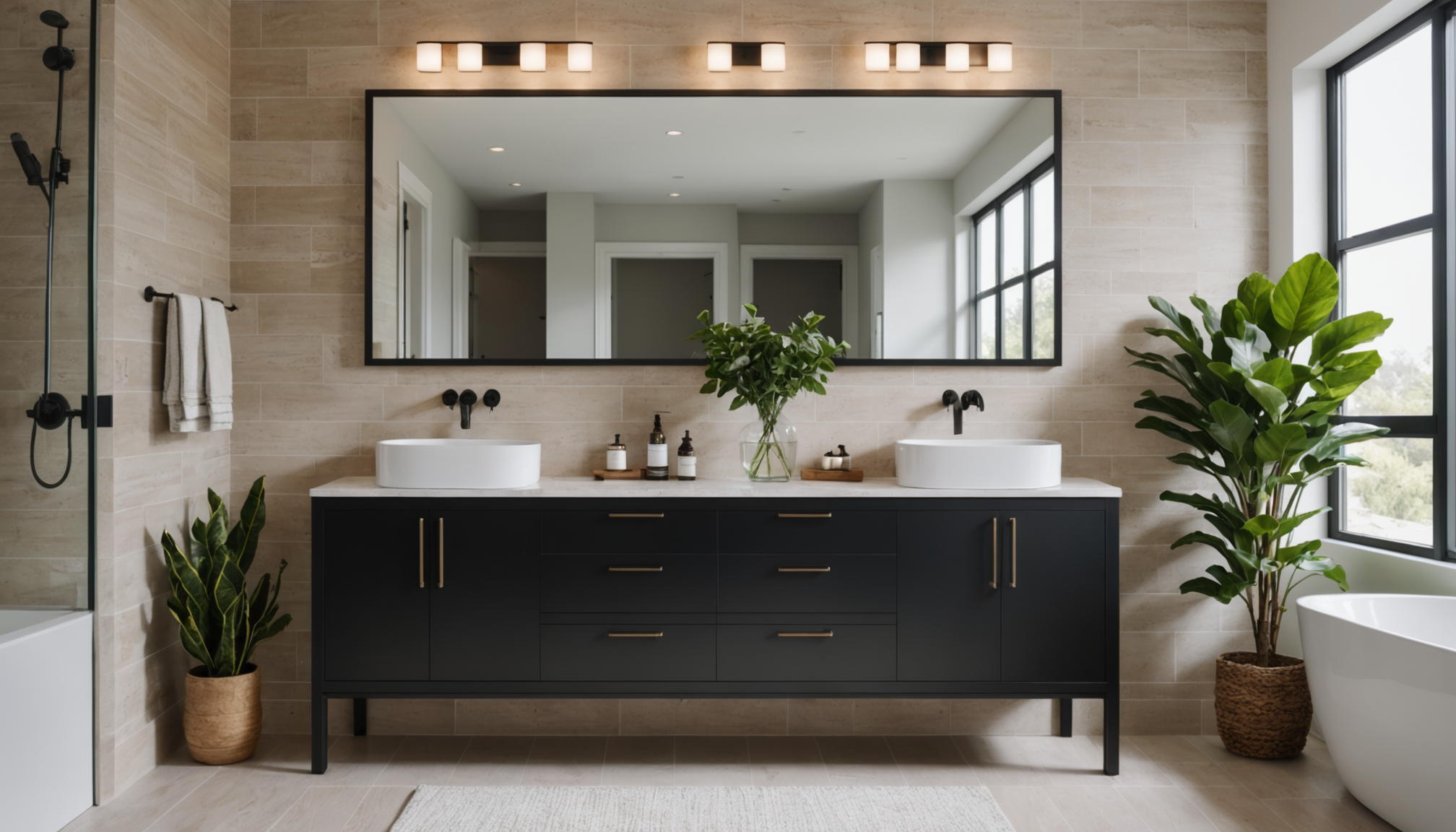 Modern bathroom with a stone vanity and tiled wall