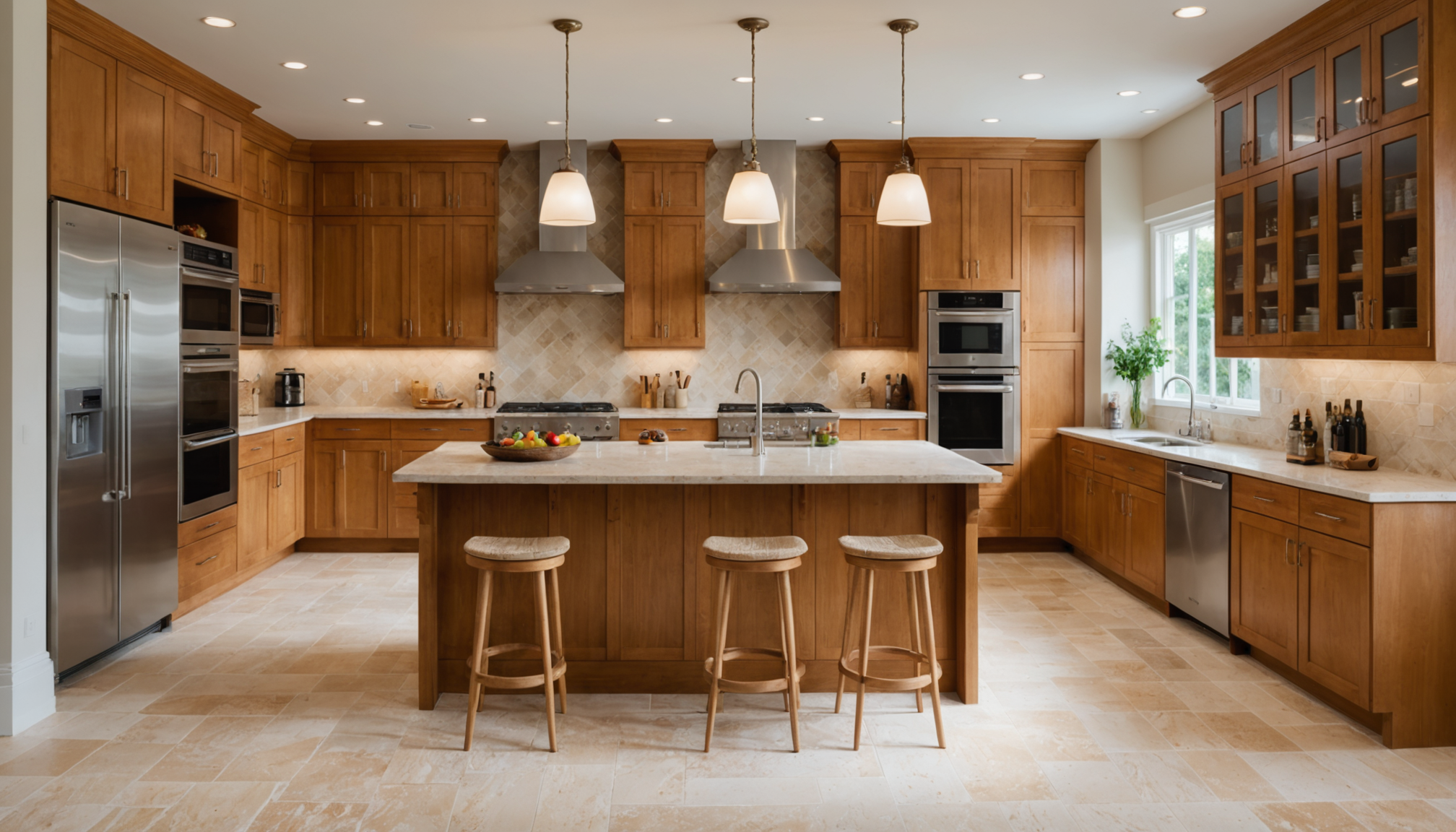 Travertine tile floor in a bright kitchen